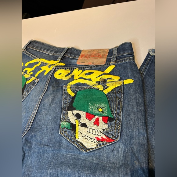 Y2K Super Rare Ed Hardy Army Skull Denim Jeans Christian Audigier Men Size 33 - Picture 13 of 16